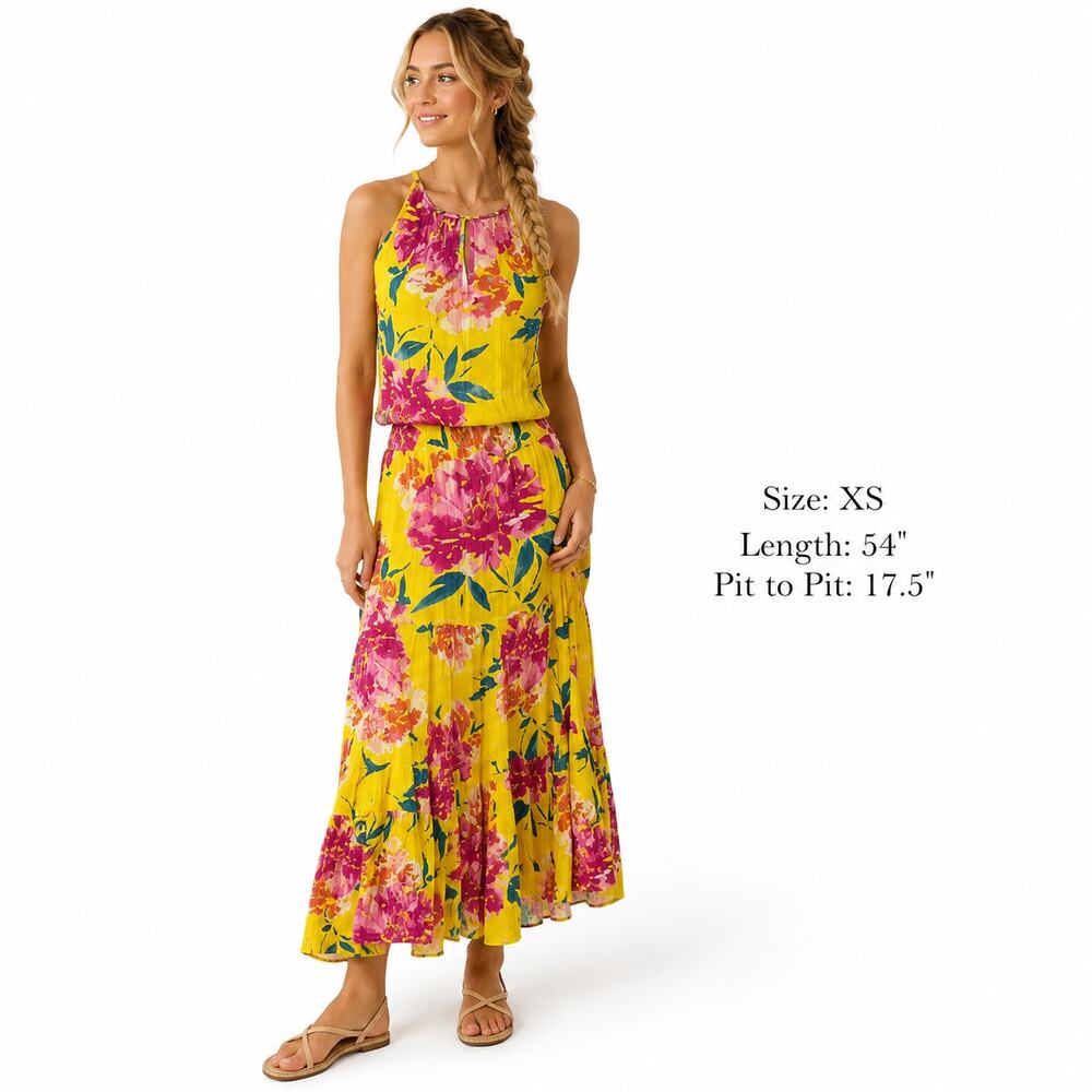 Allison Joy Yellow Floral Maxi Dress Size XS Halter Keyhole Neckline Boho Scandi
